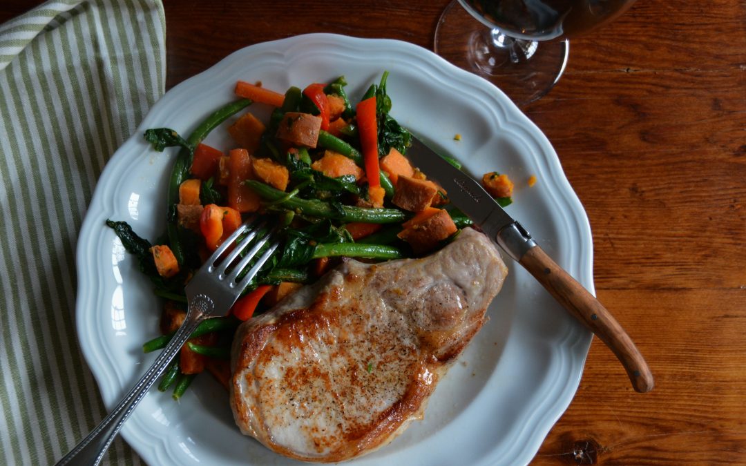 Braised Vegetables with Pan Roasted Pork Chops
