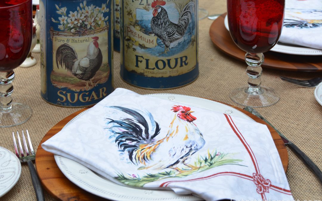 rooster napkin and french blue rooster tin canisters