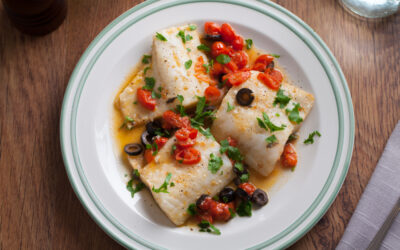 Black Cod with Olives, Tomatoes and Pine Nuts