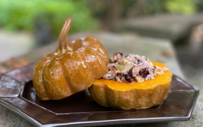 Roasted Buttercup Squash Stuffed with Wild Rice, Chestnuts and Cranberries